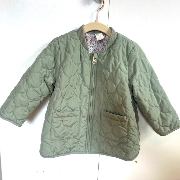 H&M Olive Quilted Girls Toddler Jacket Size 2T Floral Lining - Picture 1 of 4